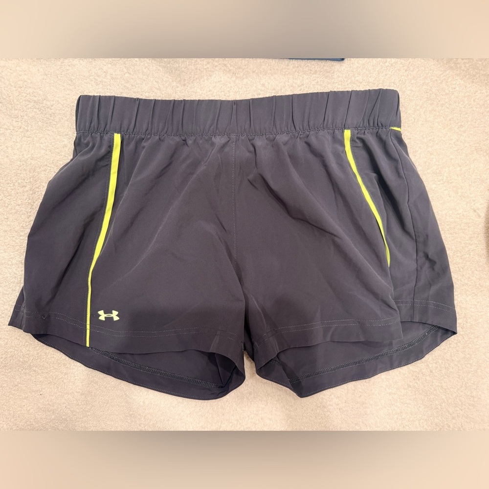 Under Armour Women's Grey Shorts with Neon Yellow/Green Accents